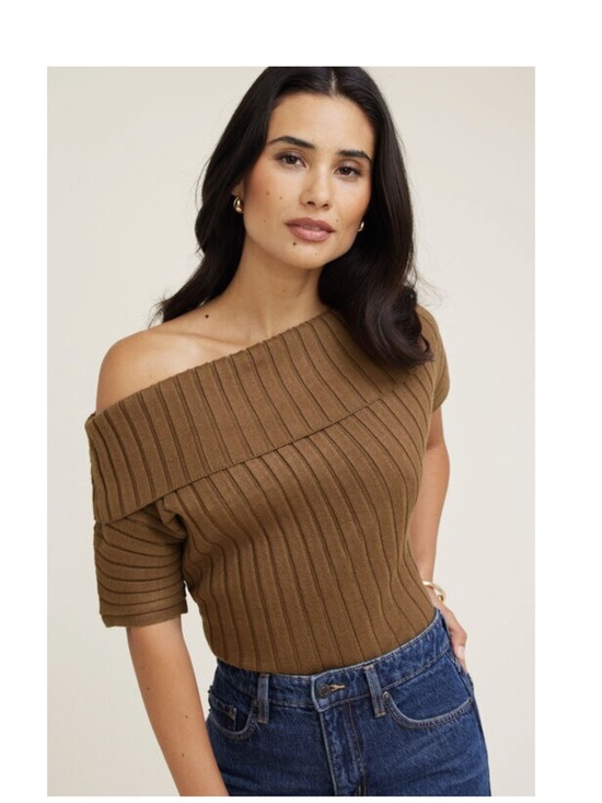 Dynamite Sweaters - Dynamite Off-Shoulder Ribbed Sweater in Brown
